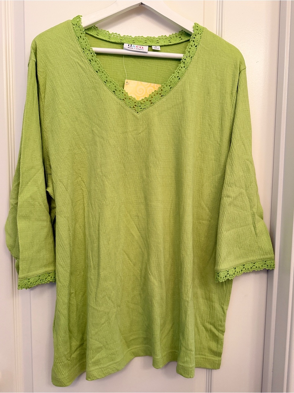 Light Green V-Neck Crochet Trim Tunic - Relaxed Fit